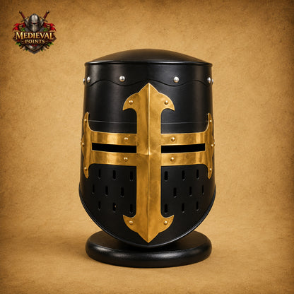 Medieval Crusader Helmet with Wooden Display Stand – Black Knight Great Helm