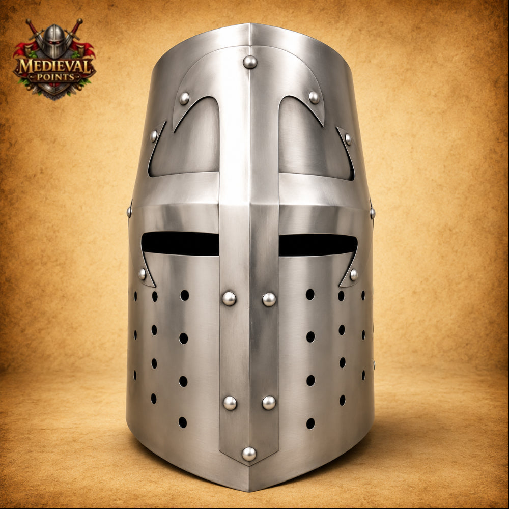 Crusader Knight Templar Helmet with Wooden Display Stand