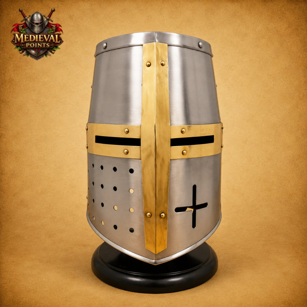 Medieval Templar Helmet with Wooden Display Stand