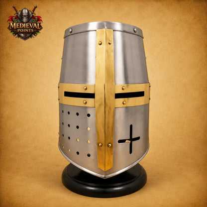 Medieval Templar Helmet with Wooden Display Stand