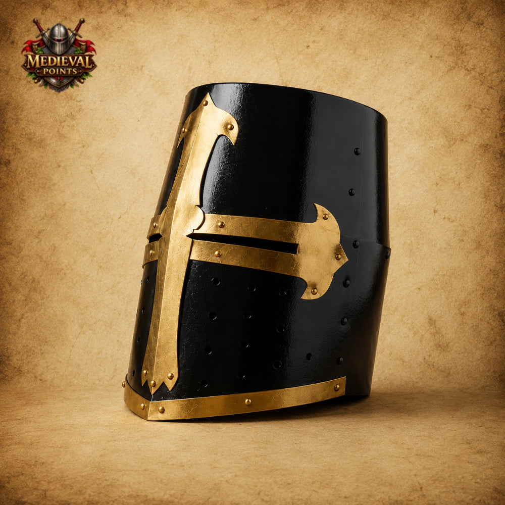 Black & Brass Templar Crusader Helmet with Wooden Display Stand | Medieval Knight Armor