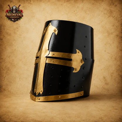 Black & Brass Templar Crusader Helmet with Wooden Display Stand | Medieval Knight Armor