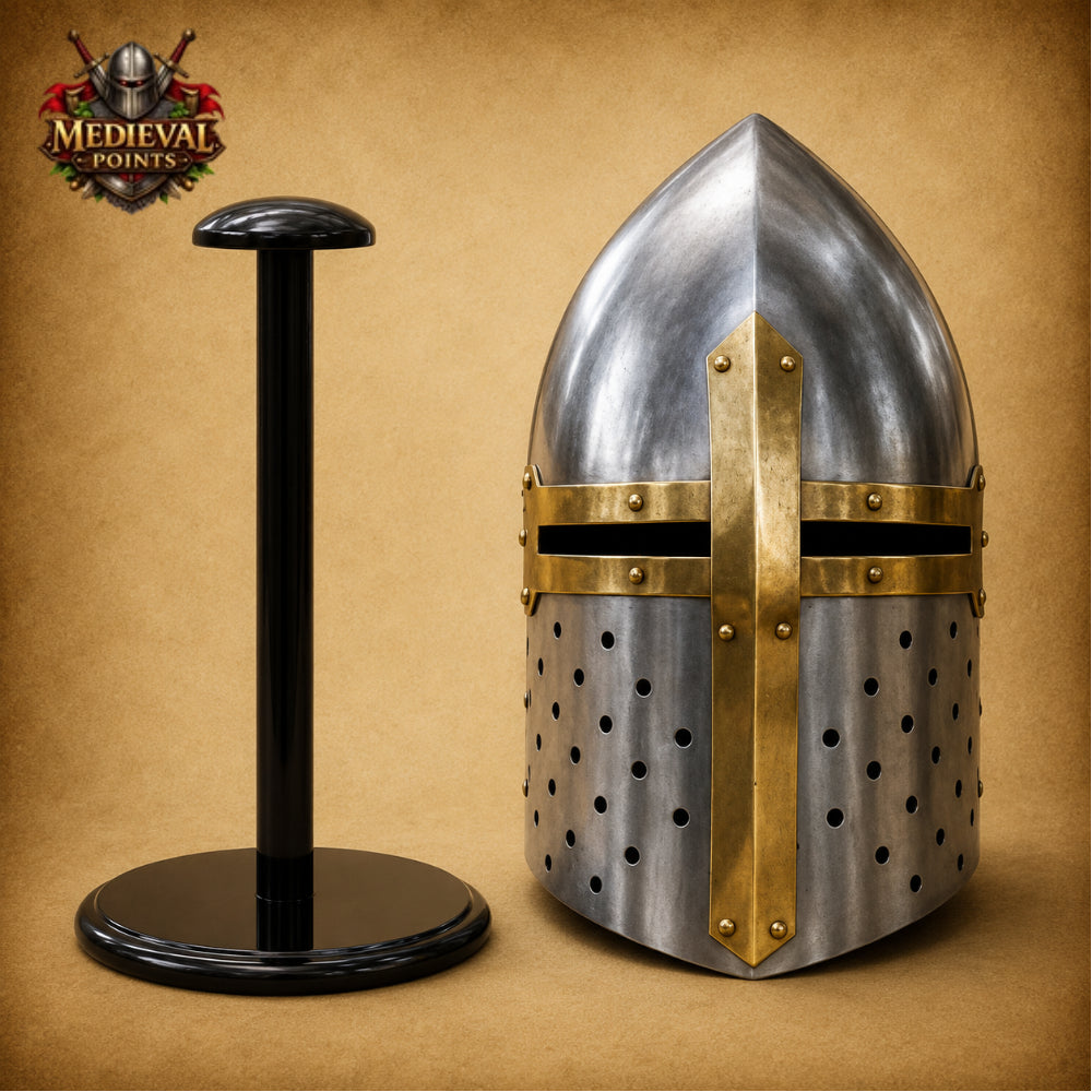 Handcrafted Medieval Sugarloaf Steel & Brass Knight Helmet with Wooden Stand