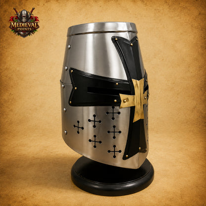 Medieval Crusader Templar Helmet | Silver Steel Knight Helmet with Black Cross & Wooden Stand