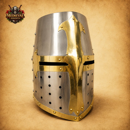 Brass Crusader Templar Helmet | Medieval Knight Helmet with Wooden Display Stand