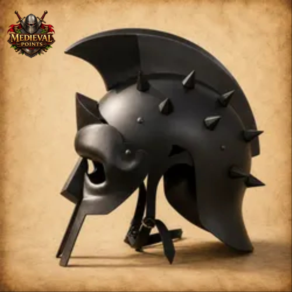 Black Spartan Gladiator Helmet with Wooden Display Stand