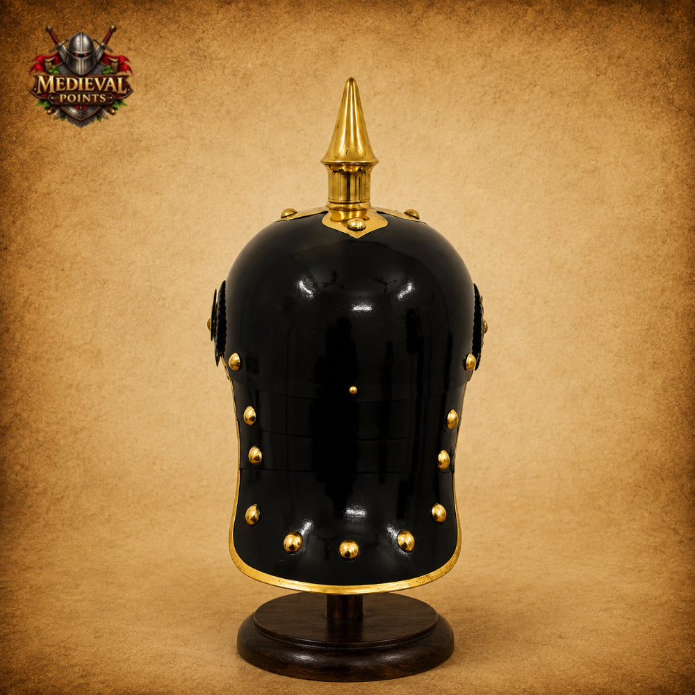 German Pickelhaube Black Steel Helmet | Imperial Officer Replica with Wooden Display Stand