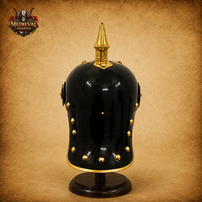 German Pickelhaube Black Steel Helmet | Imperial Officer Replica with Wooden Display Stand