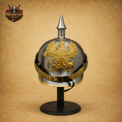 German Pickelhaube Spike Helmet | Military Replica with Wooden Display Stand