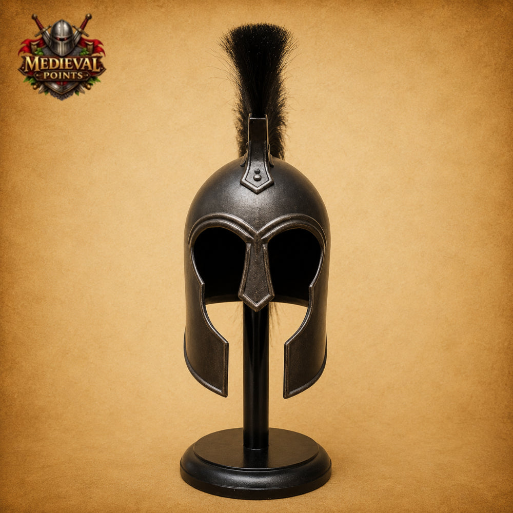 Medieval Achilles Troy Black Helmet with Wooden Display Stand