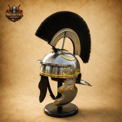 Roman Helmet with Black Plume & Wooden Display Stand