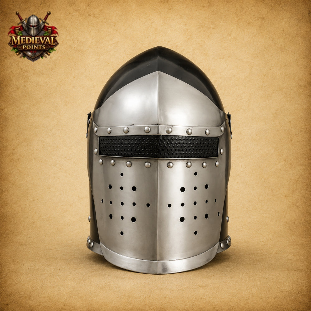 Medieval Barbuta Helmet Armor with Leather Liner & Wooden Display Stand | Wearable Knight Helmet