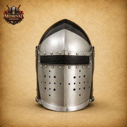 Medieval Barbuta Helmet Armor with Leather Liner & Wooden Display Stand | Wearable Knight Helmet
