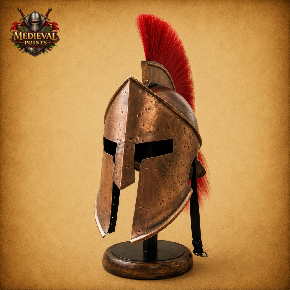 Leonidas Spartan Helmet with Red Plume & Wooden Display Stand | Greek Warrior Replica