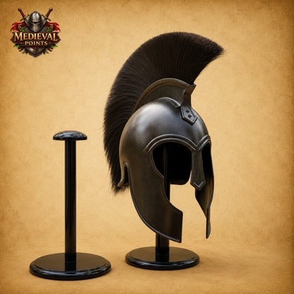 Medieval Achilles Troy Black Helmet with Wooden Display Stand