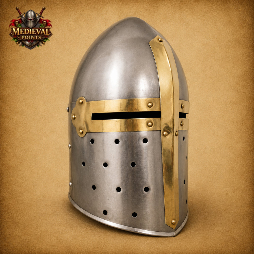 Handcrafted Medieval Sugarloaf Steel & Brass Knight Helmet with Wooden Stand
