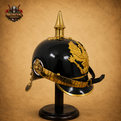 German Pickelhaube Black Steel Helmet | Imperial Officer Replica with Wooden Display Stand
