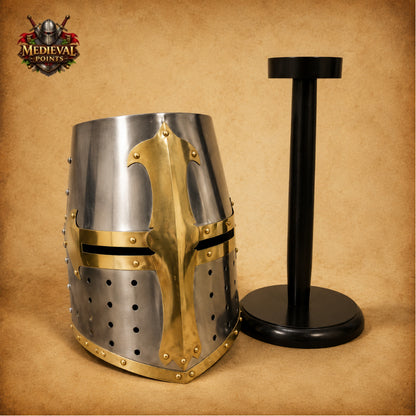 Brass Crusader Templar Helmet | Medieval Knight Helmet with Wooden Display Stand