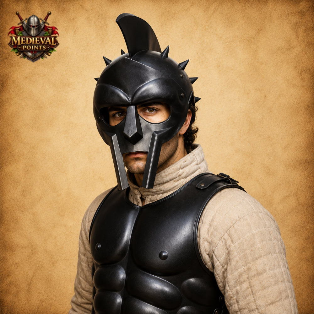 Black Spartan Gladiator Helmet with Wooden Display Stand