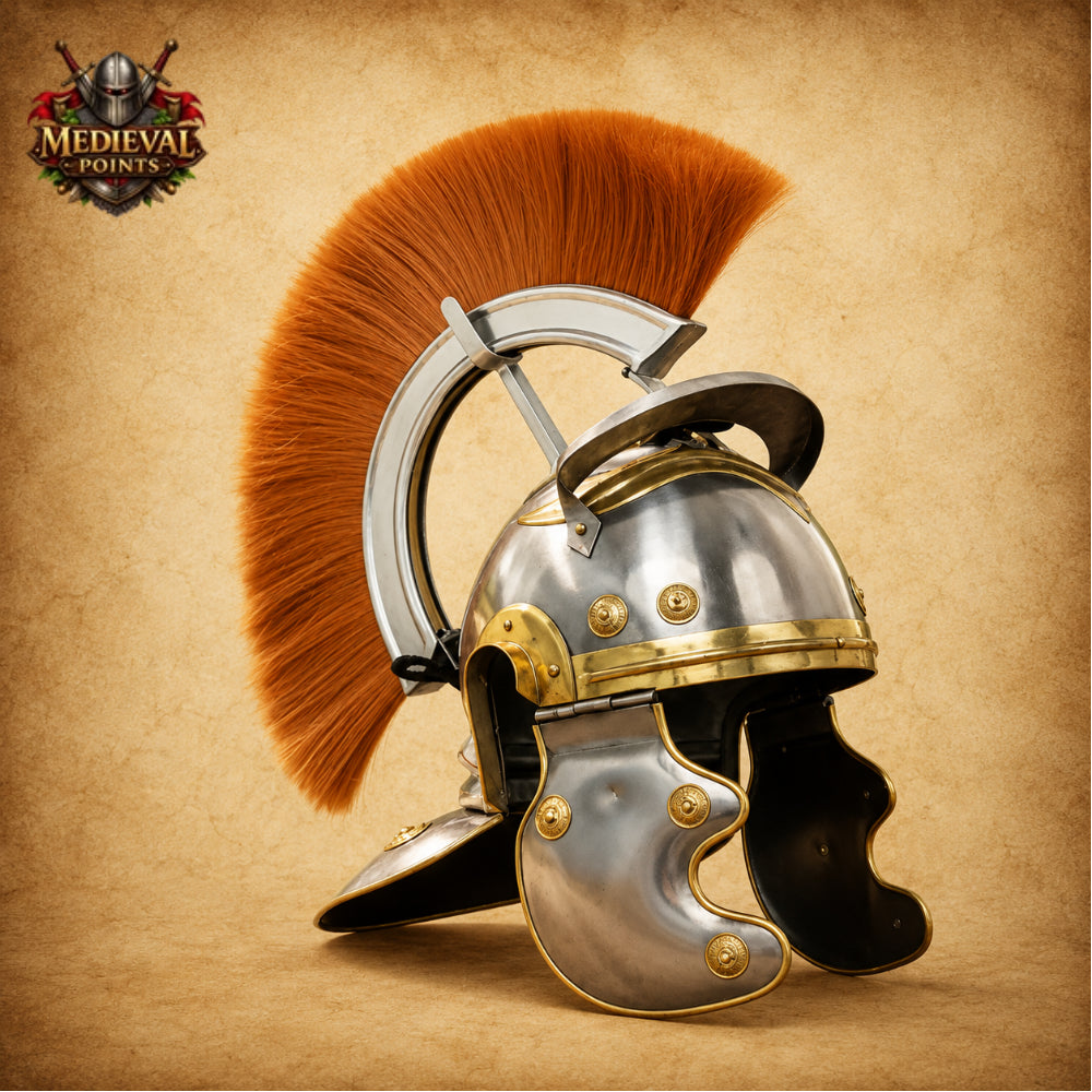 Roman Centurion Helmet with Brown Plume & Wooden Display Stand
