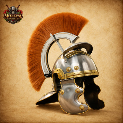 Roman Centurion Helmet with Brown Plume & Wooden Display Stand