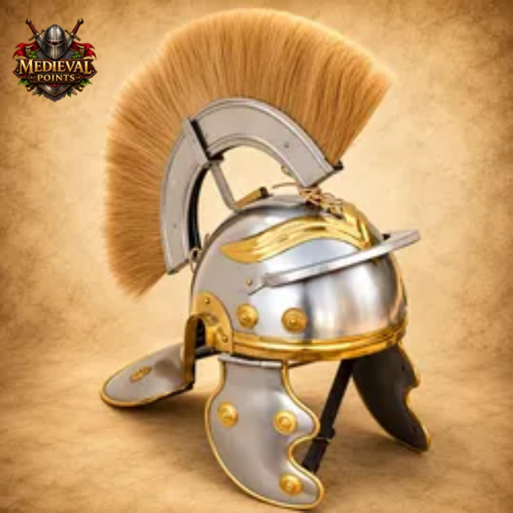 Roman Centurion Helmet with Brown Plume & Wooden Display Stand