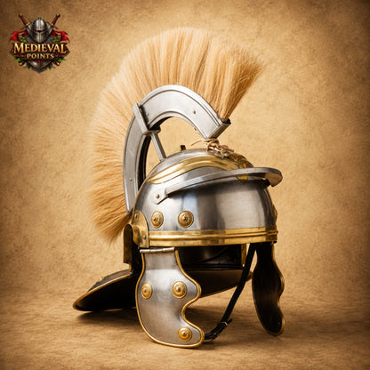 Roman Centurion Helmet with Brown Plume & Wooden Display Stand