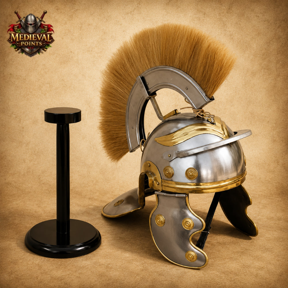 Roman Centurion Helmet with Brown Plume & Wooden Display Stand