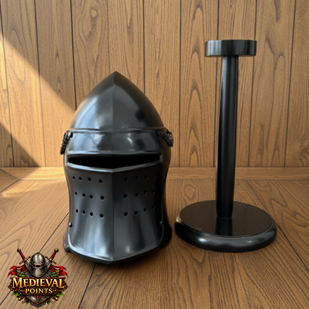 Black Barbute Helmet | Barbuta Reenactment Helmet | With Stand For Cosplay And Costumes