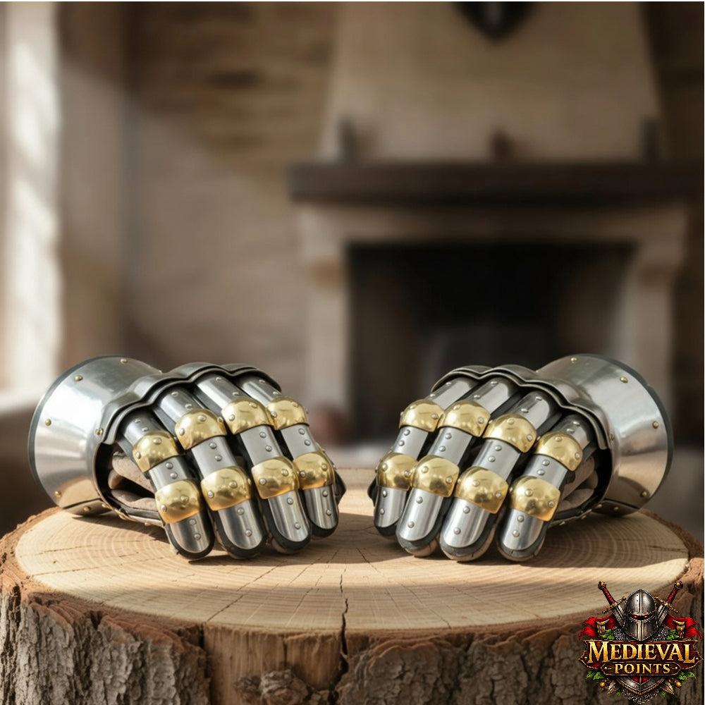 Churburg Gauntlets – Medieval 16G Steel Knight Armor Gloves with Brass Accents