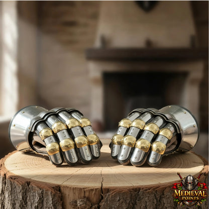 Churburg Gauntlets – Medieval 16G Steel Knight Armor Gloves with Brass Accents
