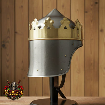 Medieval King Arthur Helmet : Richard Lion heart Crown Replica Helmet  Wooden Stand
