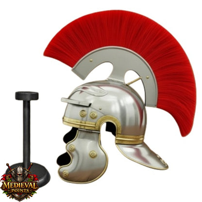Roman Centurion Helmet : Roman Helmet with Red Plume-  Display Wooden Stand