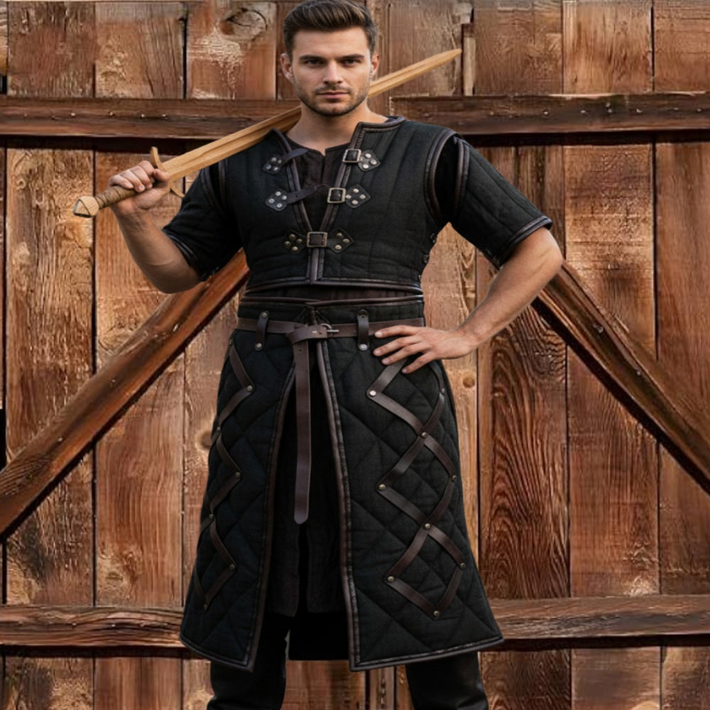 Medieval Gambeson Costume : Brown Leather Trim, Ren faire Armour for event