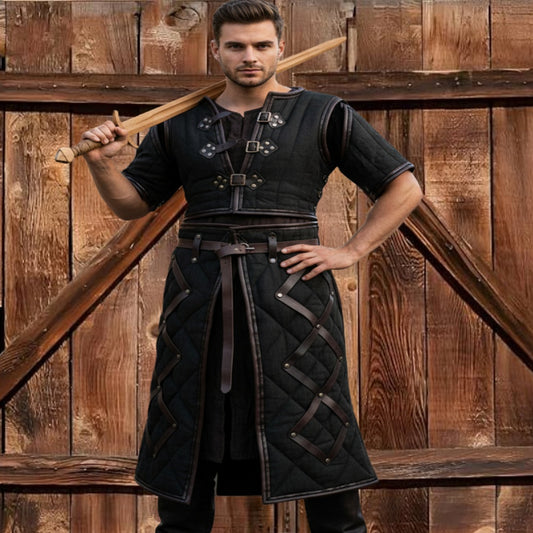 Medieval Gambeson Costume : Brown Leather Trim, Ren faire Armour for event