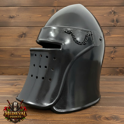 Black Barbute Helmet | Barbuta Reenactment Helmet | With Stand For Cosplay And Costumes