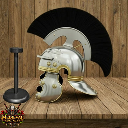 Roman Helmet With Black Plume  : Helmet with Wooden Stand