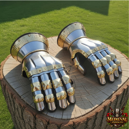 Medieval Knight Gauntlets – Steel Armor Gloves with Brass Accents