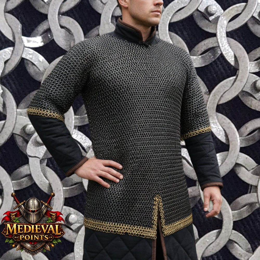 Chainmail Shirt with Double Brass Trim – 9 mm Flat Riveted Solid Ring , haubergeon Shirt