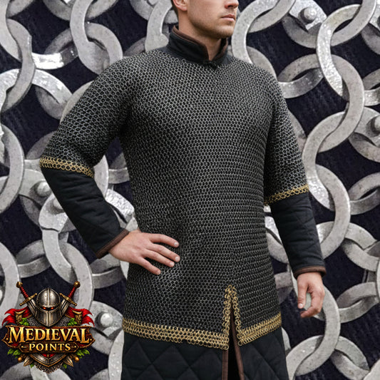 Chainmail Shirt with Double Brass Trim – 9 mm Flat Riveted Solid Ring , haubergeon Shirt