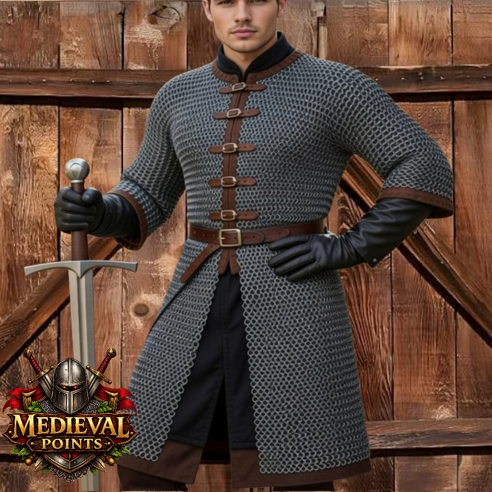 Medieval 9mm Chainmail Hauberk - Flat Riveted Mild Steel Armor - SCA Combat & Reenactment - Half Sleeve
