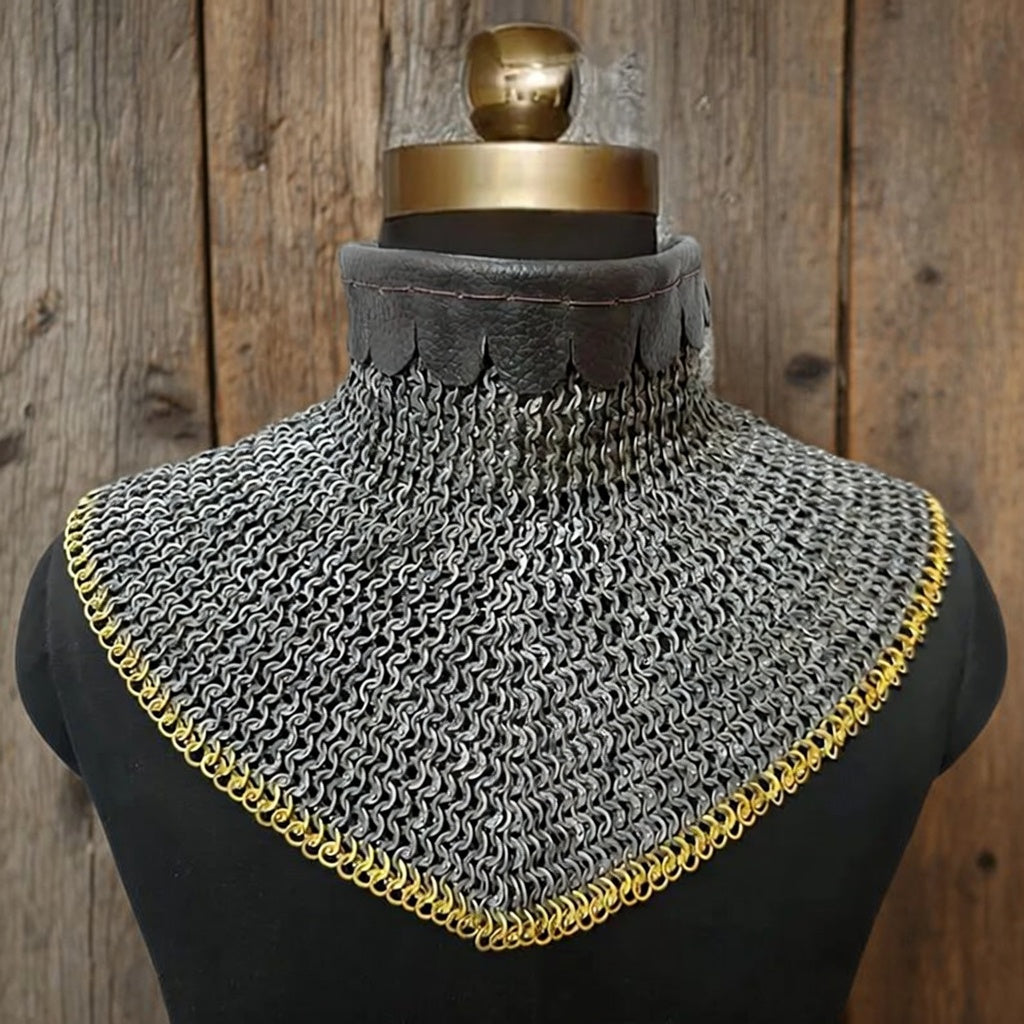 9mm Chainmail Gorget - Flat Riveted Ring with Brass Trim Medieval Collar for Halloween