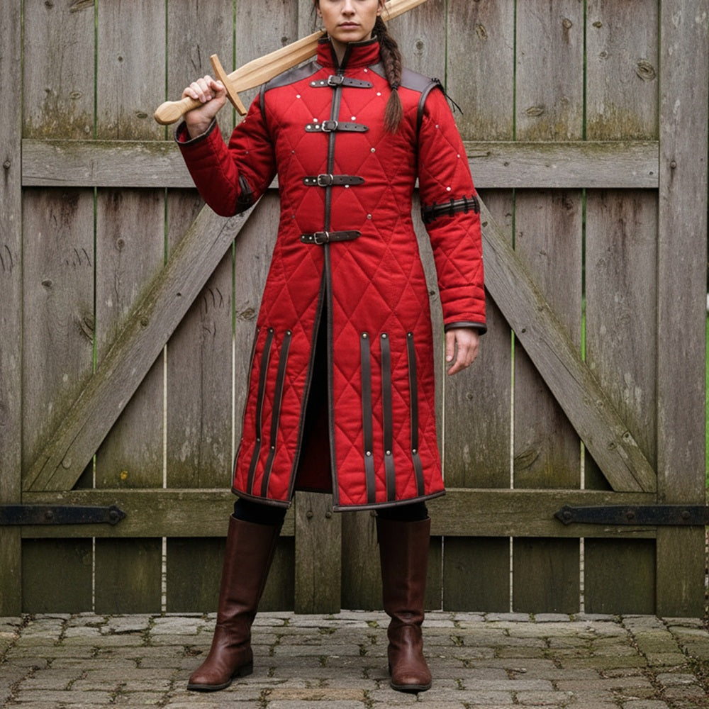 Medieval Gambeson Costume With Brown Leather Trim: Renfaire Larp for Halloween Costume