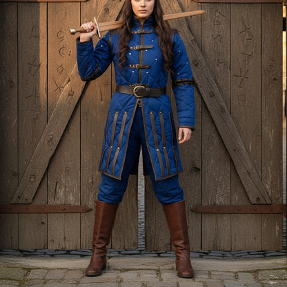 Medieval Gambeson Costume With Brown Leather Trim: Renfaire Larp for Halloween Costume