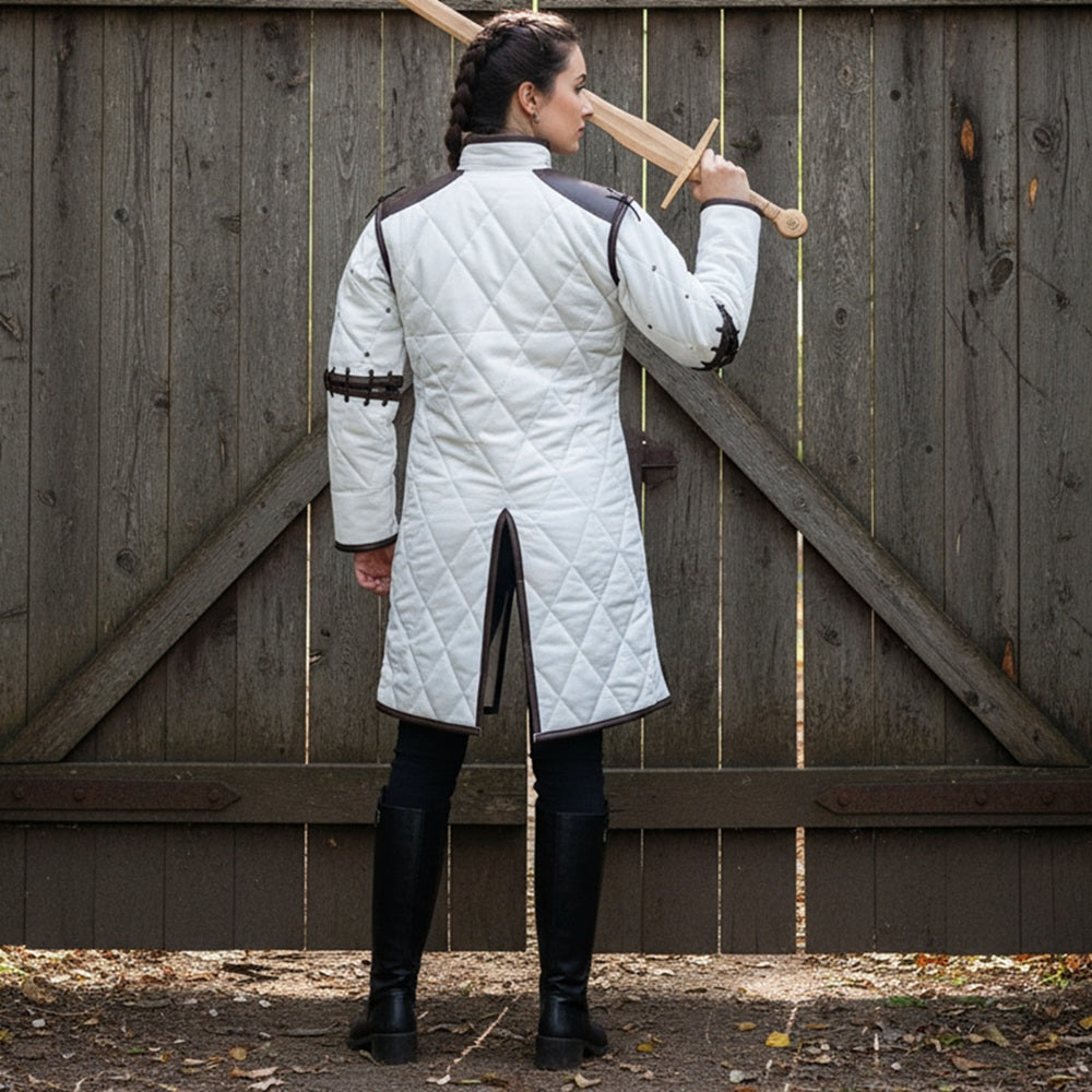 Medieval Gambeson Costume With Brown Leather Trim: Renfaire Larp for Halloween Costume