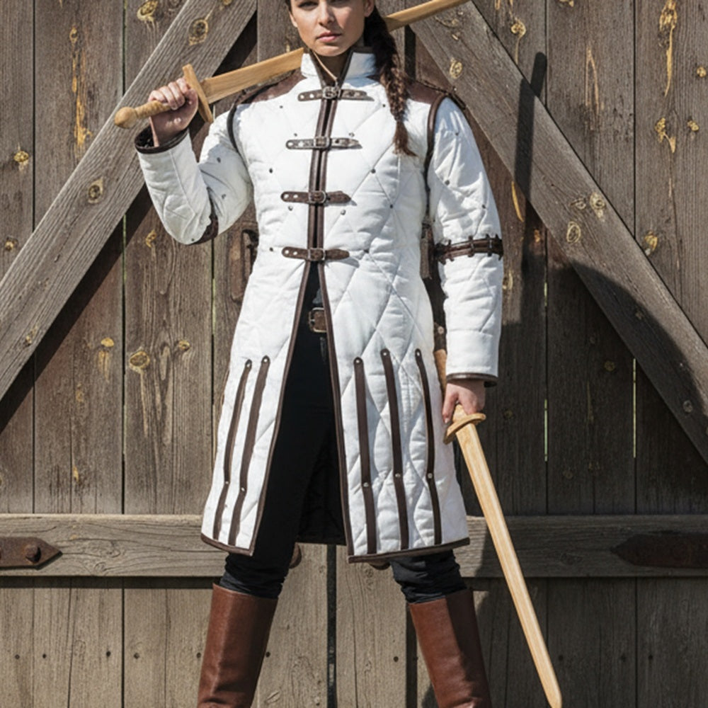 Medieval Gambeson Costume With Brown Leather Trim: Renfaire Larp for Halloween Costume