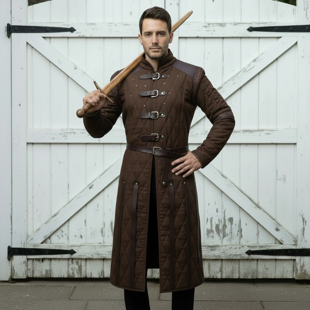 Medieval Gambeson Costume With Brown Leather Trim: Renfaire Larp for Halloween Costume