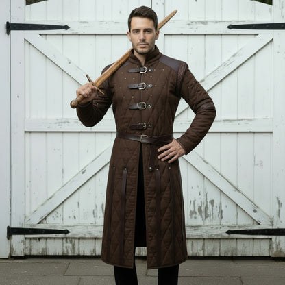 Medieval Gambeson Costume With Brown Leather Trim: Renfaire Larp for Halloween Costume