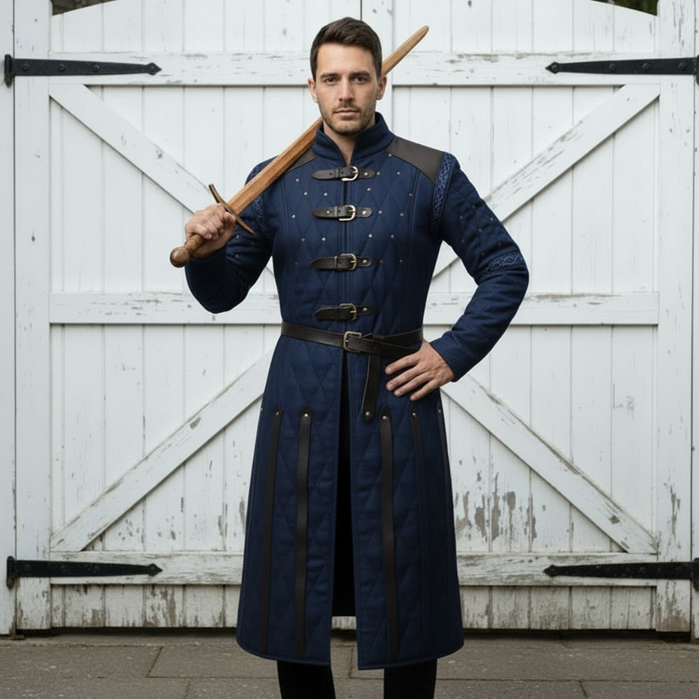 Medieval Gambeson Costume With Brown Leather Trim: Renfaire Larp for Halloween Costume