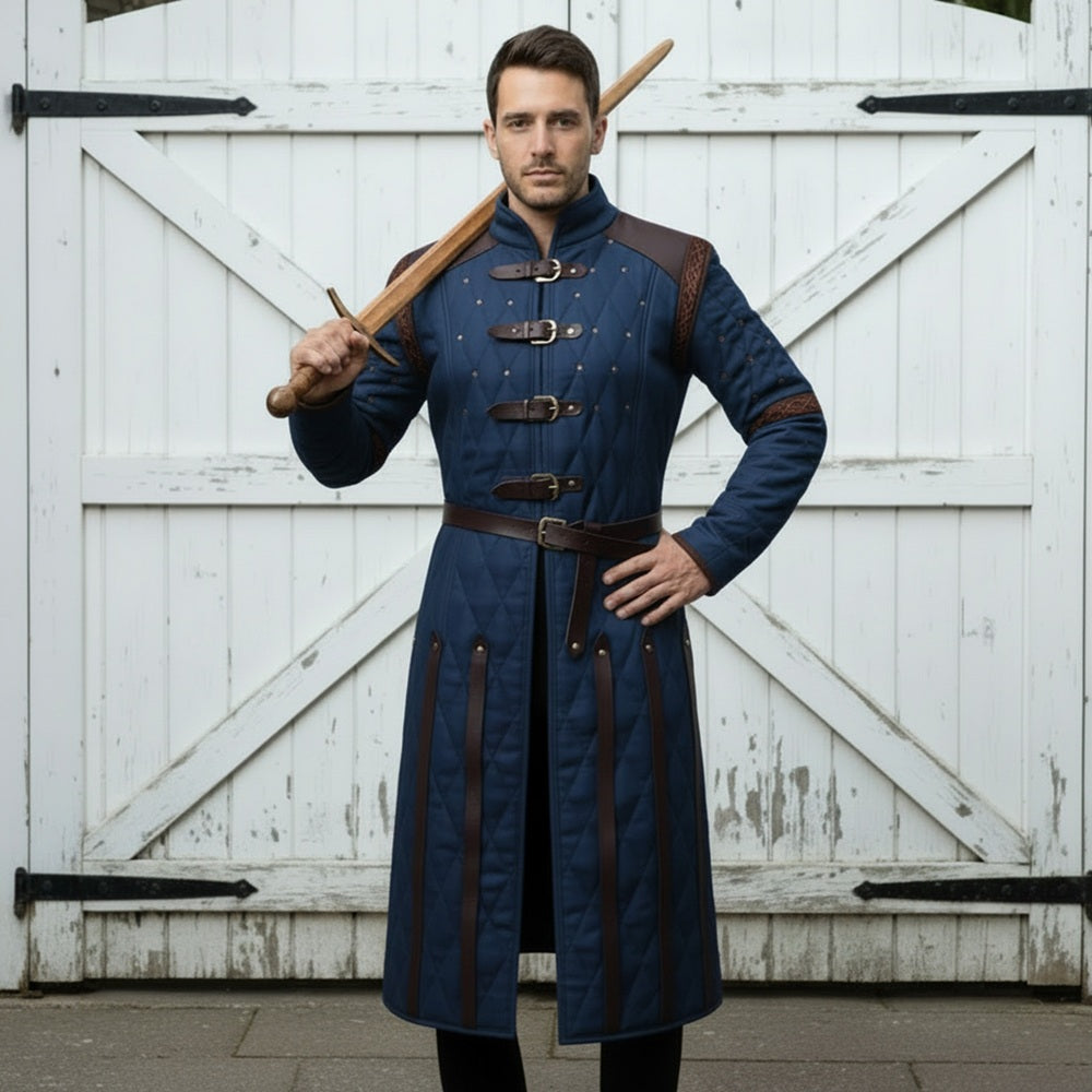 Medieval Gambeson Costume With Brown Leather Trim: Renfaire Larp for Halloween Costume